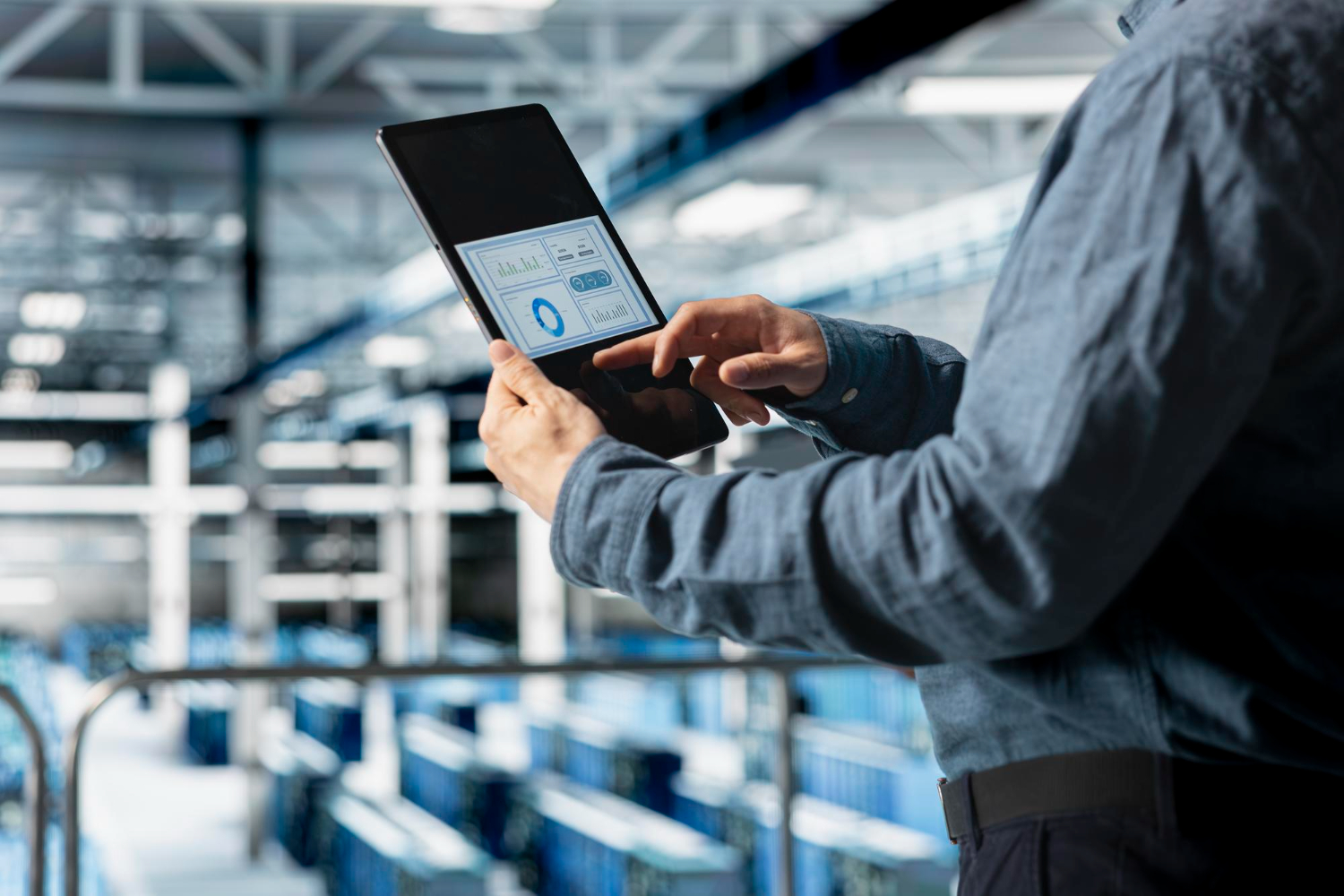 Operador industrial com tablet